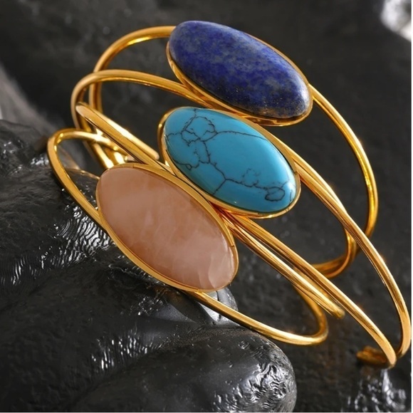 New 18k Gold Plated Turquoise or Lapis Cuff Bracelet - Picture 5 of 12